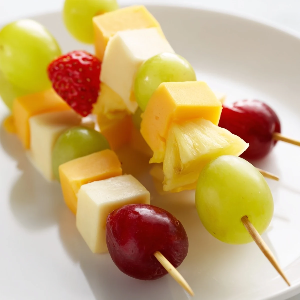 Fruit and cheese kabobs arranged on platter with colorful grapes strawberries and cheddar cubes