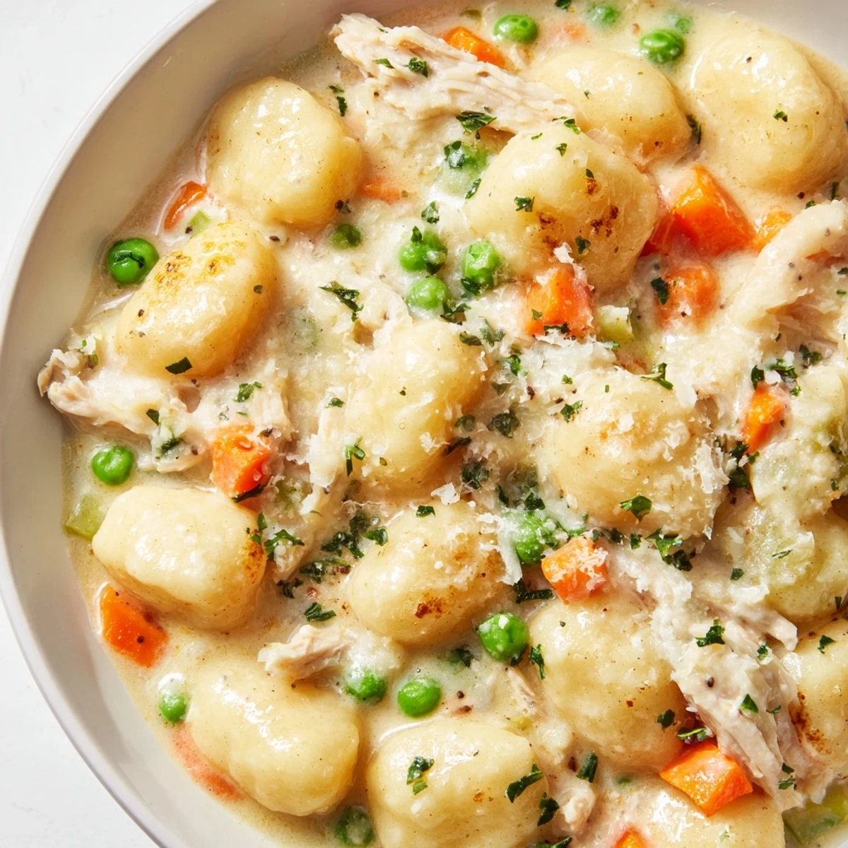 Creamy one pot gnocchi chicken pot pie with tender vegetables in golden savory sauce