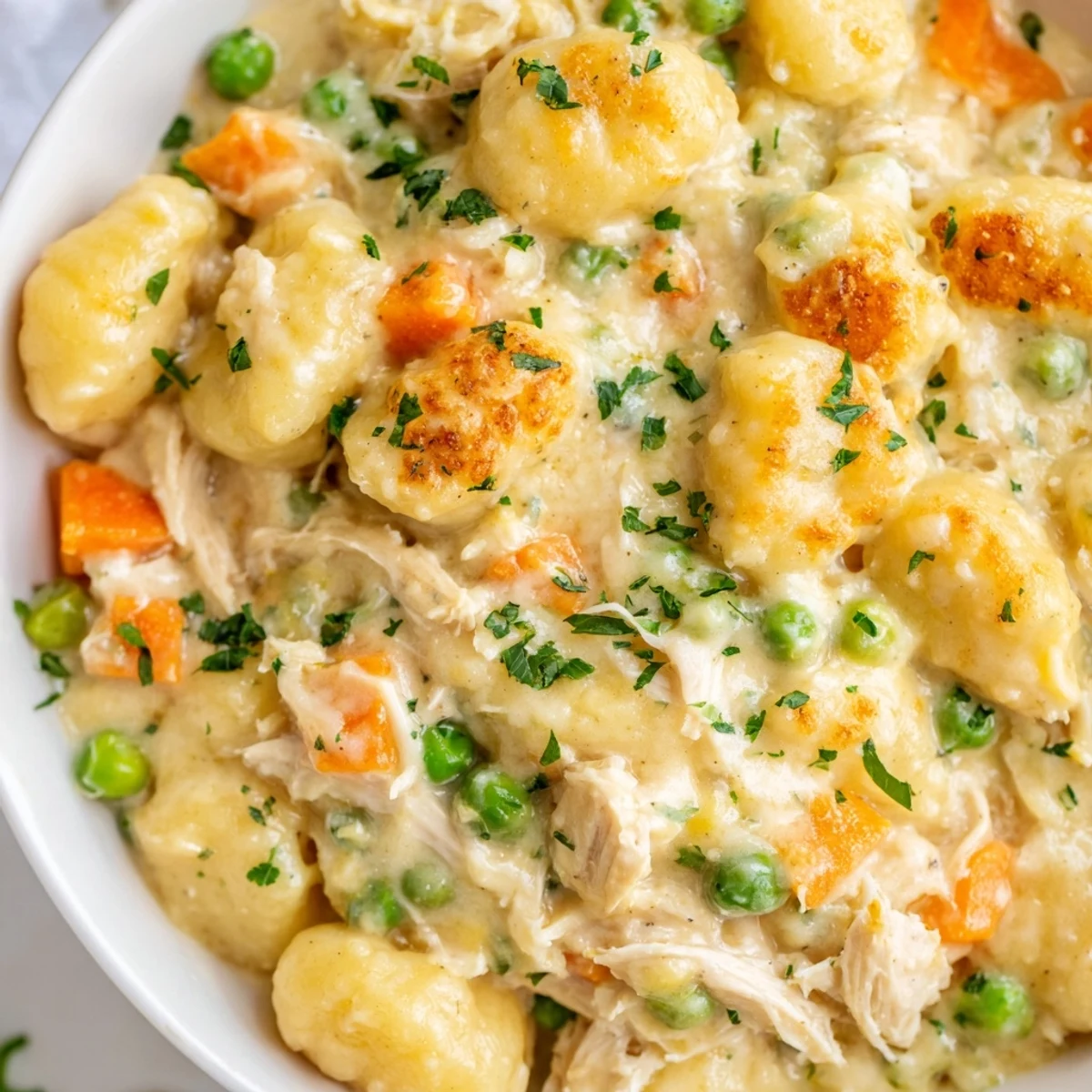 Hearty one pot gnocchi chicken pot pie topped with fresh parsley garnish