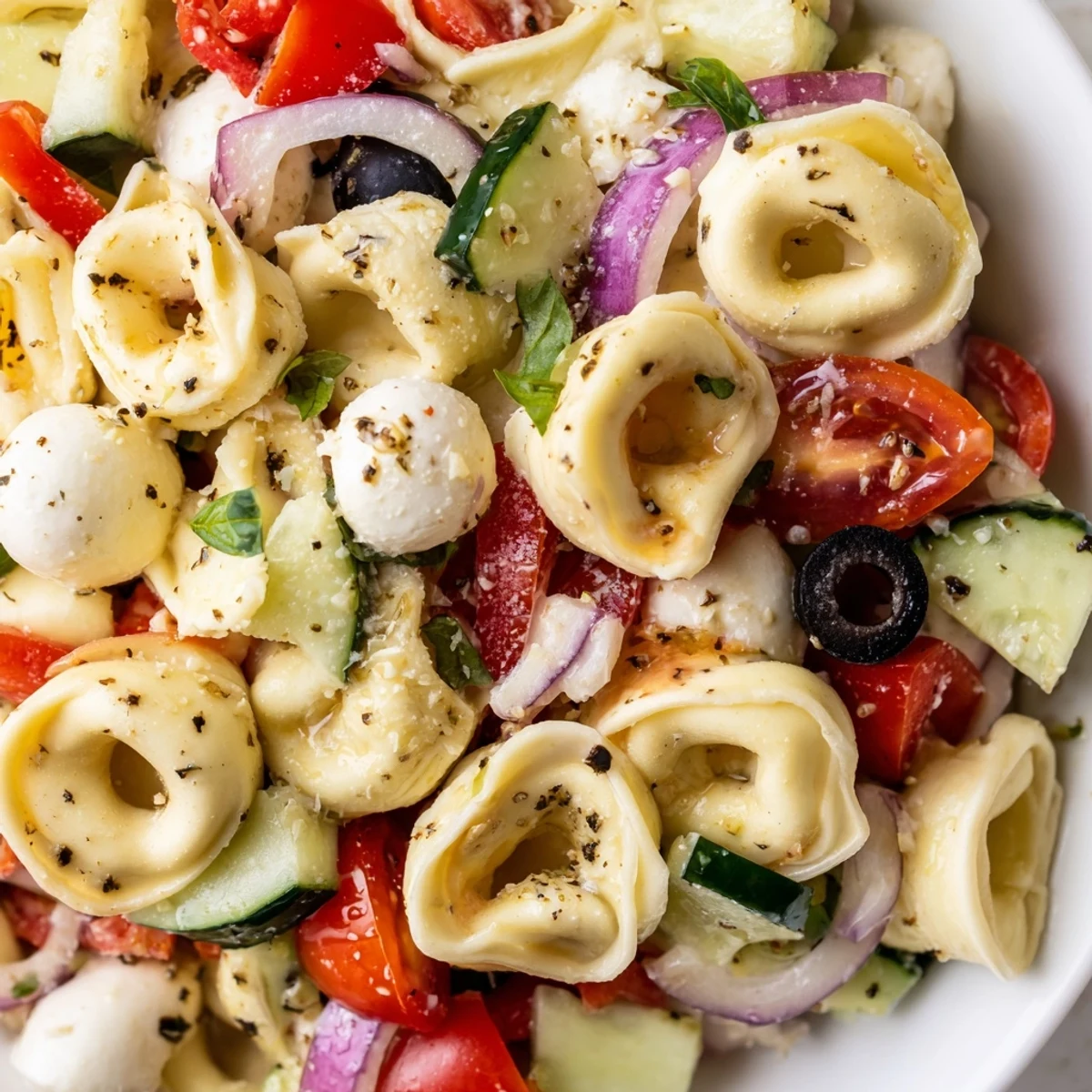 Colorful tortellini salad with crisp vegetables and creamy mozzarella in zesty Italian dressing