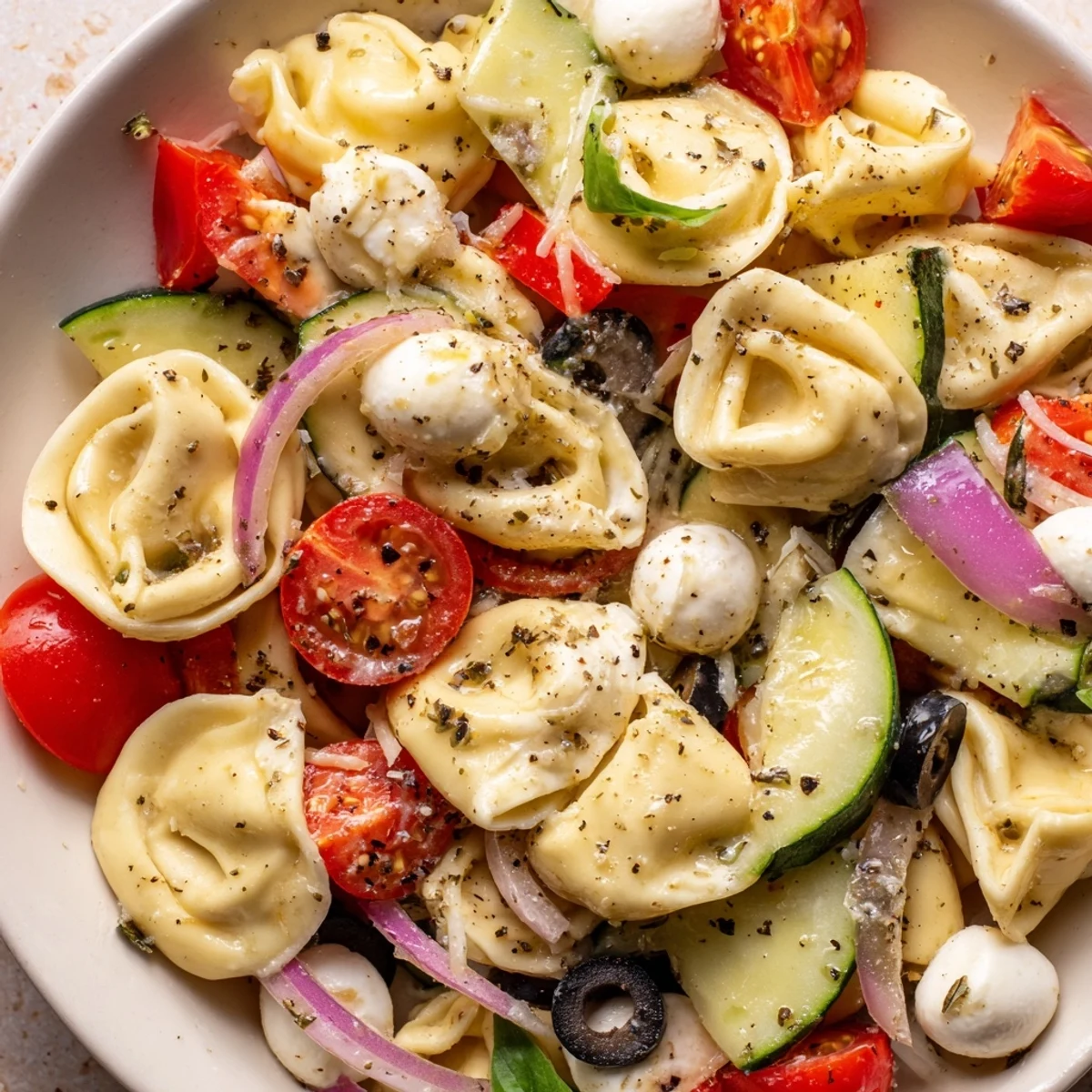 Cheese tortellini salad tossed with ripe tomatoes, crunchy cucumbers, and fresh basil leaves
