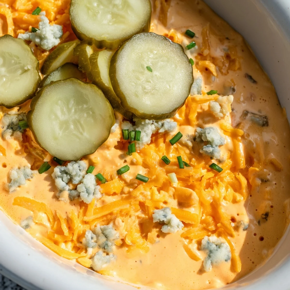 Creamy buffalo pickle dip in a serving bowl surrounded by crispy chips and fresh veggie sticks