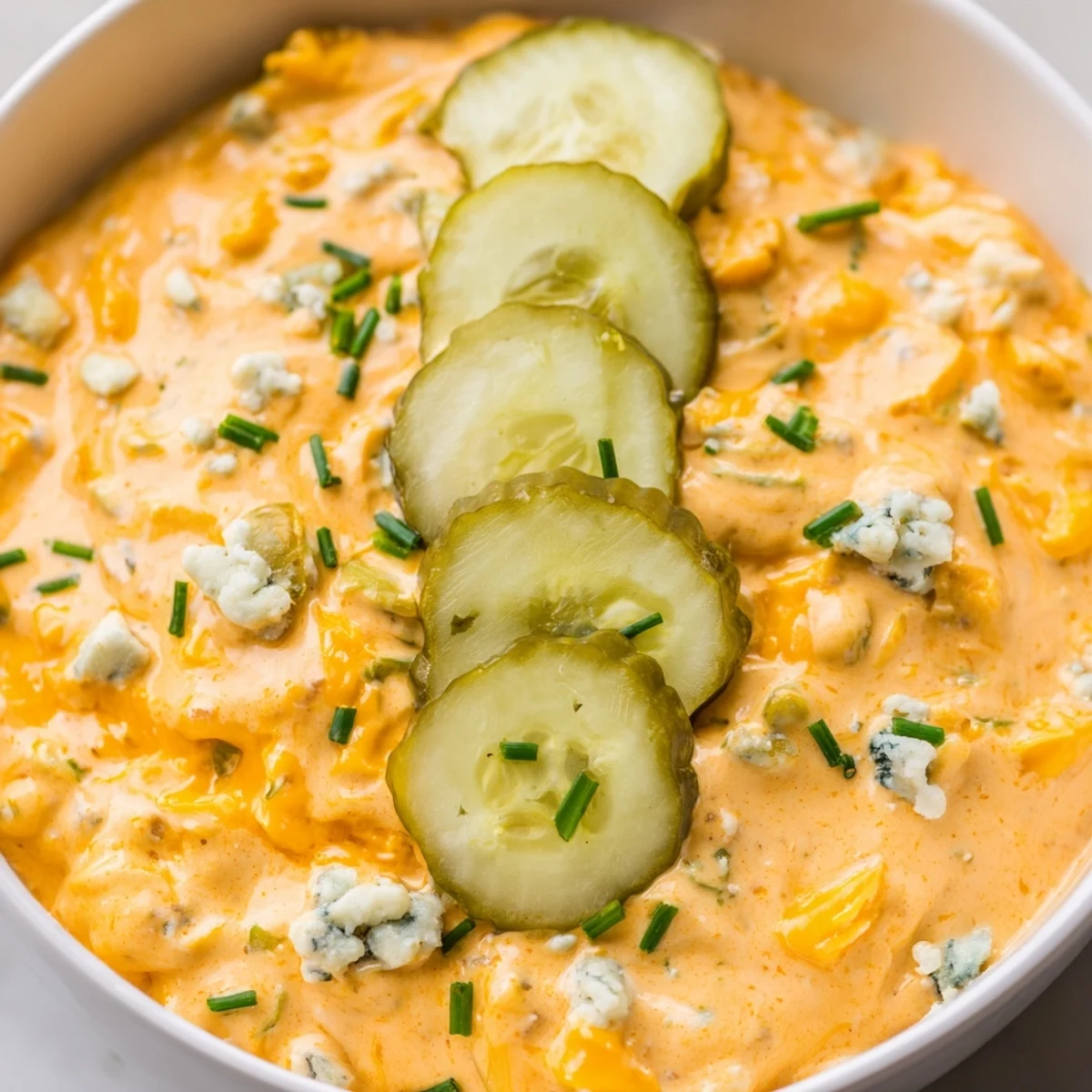Tangy buffalo pickle dip topped with chopped chives and pickle slices ready for party snacking