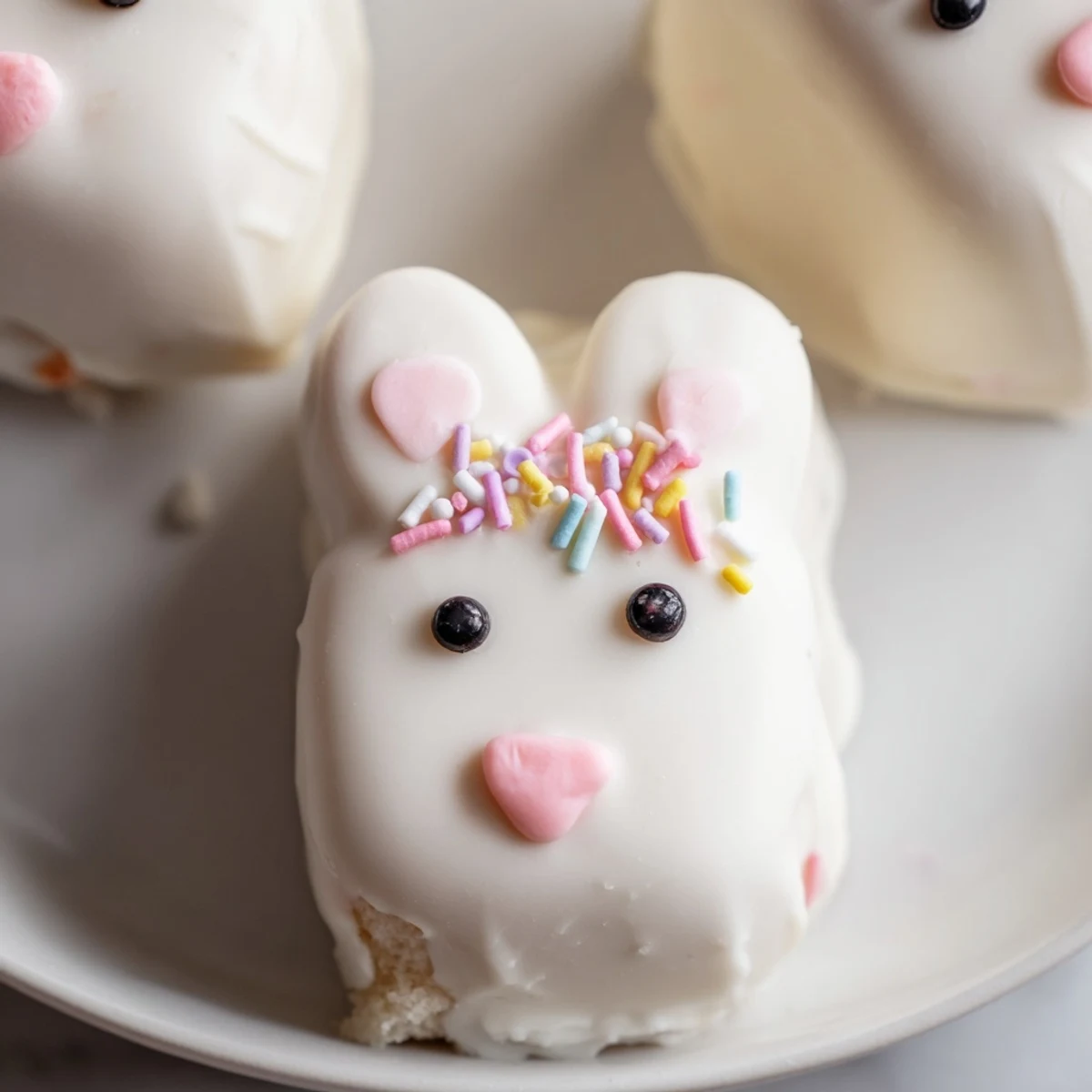 Creamy white chocolate bunny cakesicles decorated with pink ears and colorful spring sprinkles