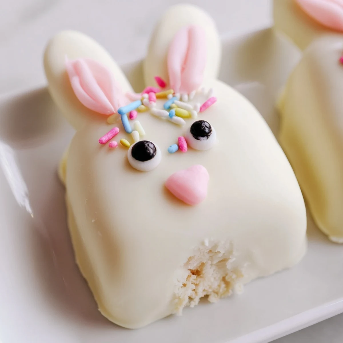 Adorable white chocolate bunny cakesicles with candy eyes on a festive Easter dessert tray