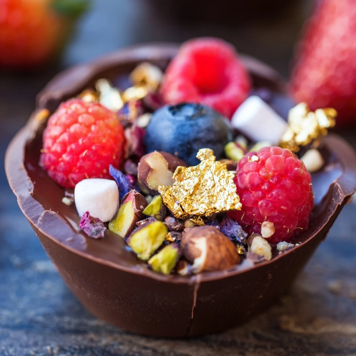 Decadent chocolate grazing cups filled with silky mousse and topped with fresh berries