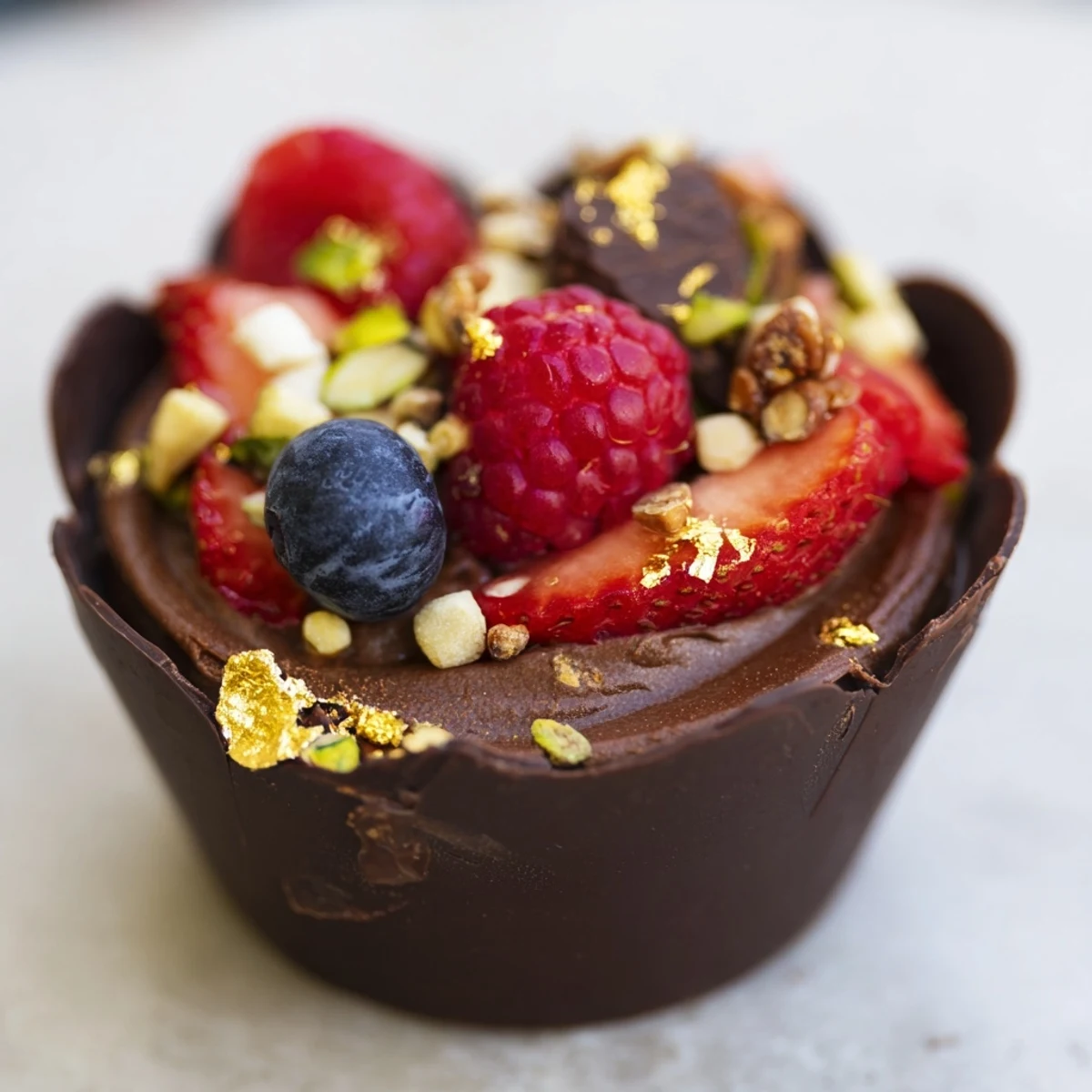 Rich chocolate grazing cups crowned with glossy berries and crunchy nut garnishes