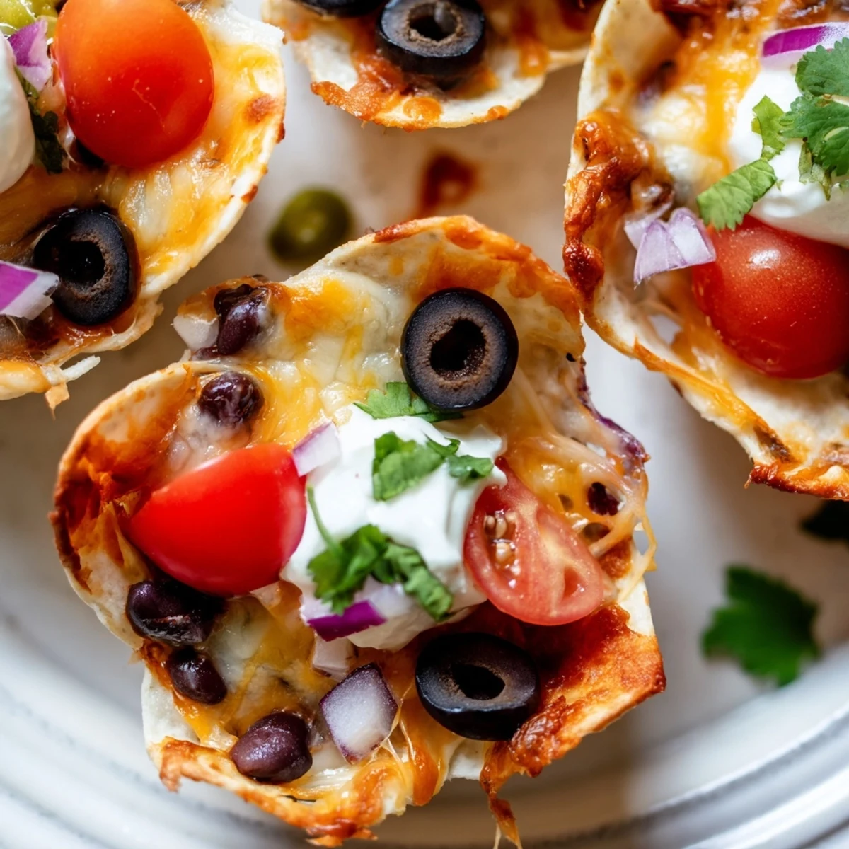 Golden cheesy nacho cups with melted cheddar, beans, and fresh cilantro garnish