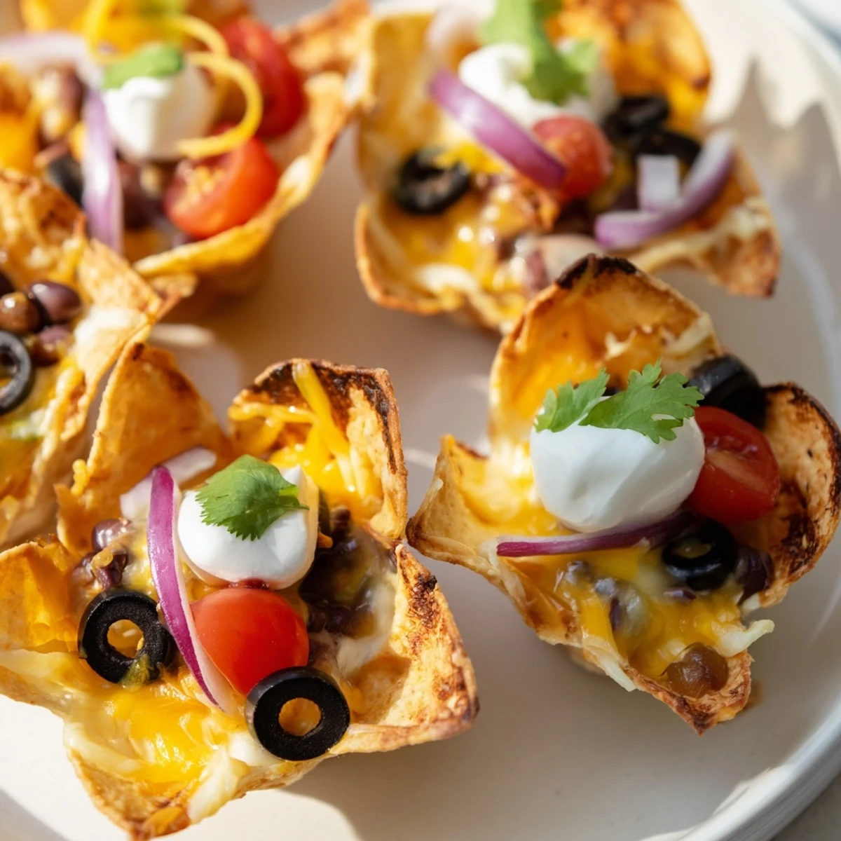 Crispy tortilla cups bubbling with melted cheese, jalapeños, and colorful nacho toppings