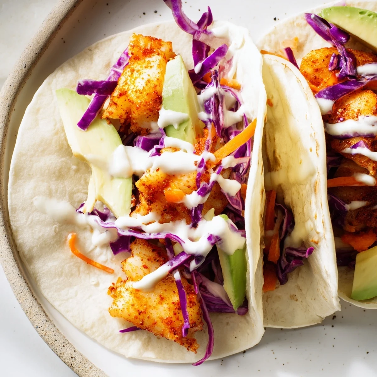 Crispy spiced tilapia fish tacos topped with crunchy slaw and creamy lime crema on warm tortillas.