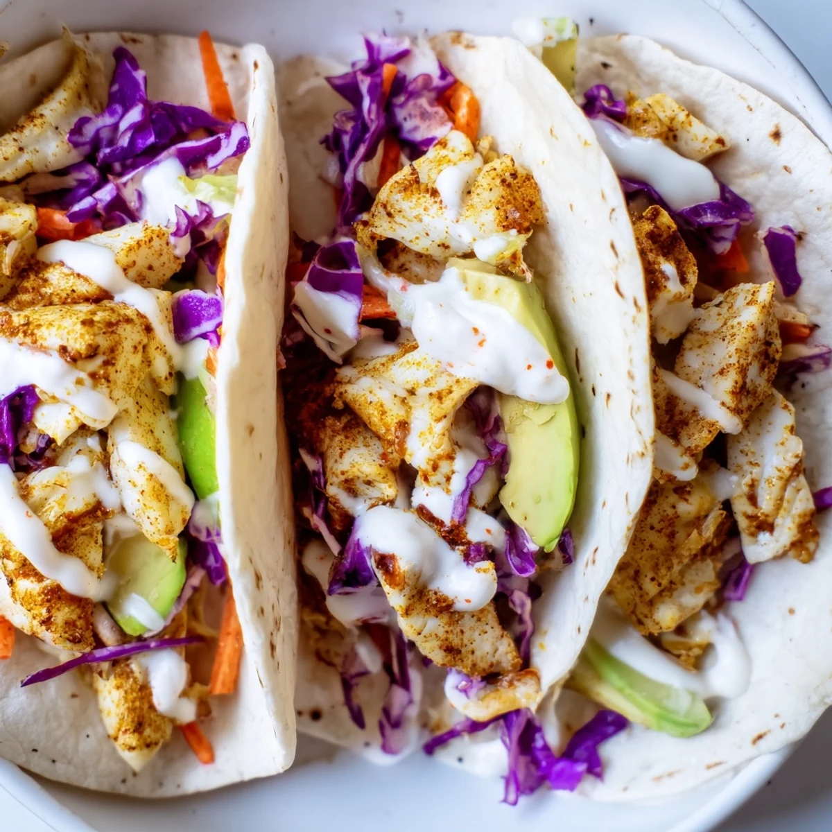 Golden tilapia fish tacos served with fresh cabbage slaw, zesty sauce, and bright lime wedges.