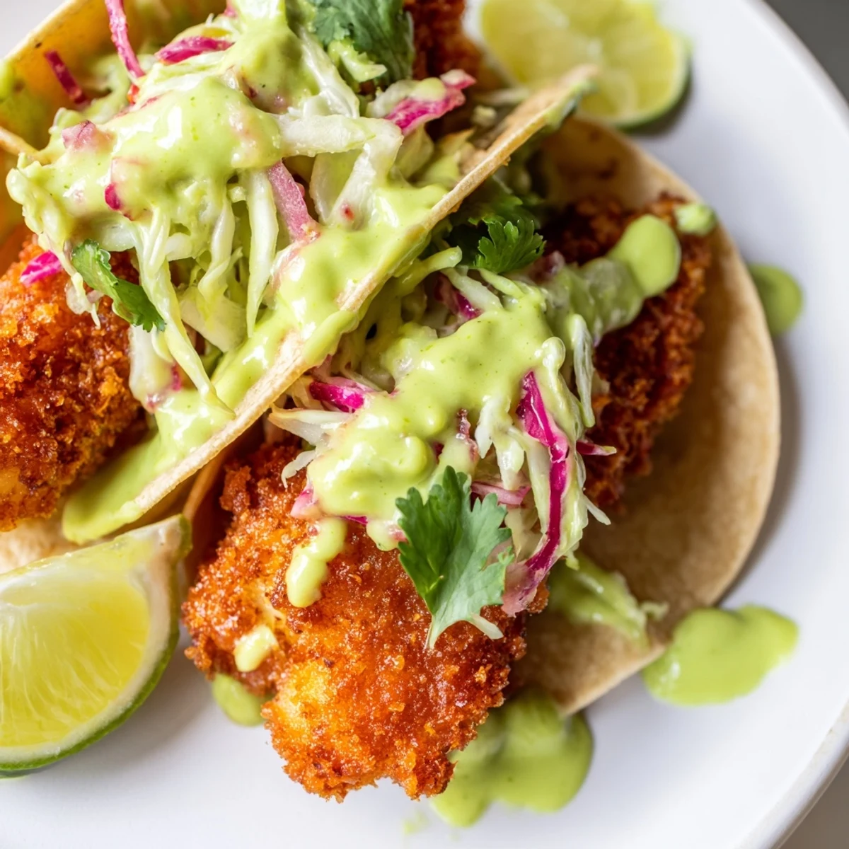 Golden crispy fish tacos topped with fresh cabbage slaw and creamy avocado crema drizzle