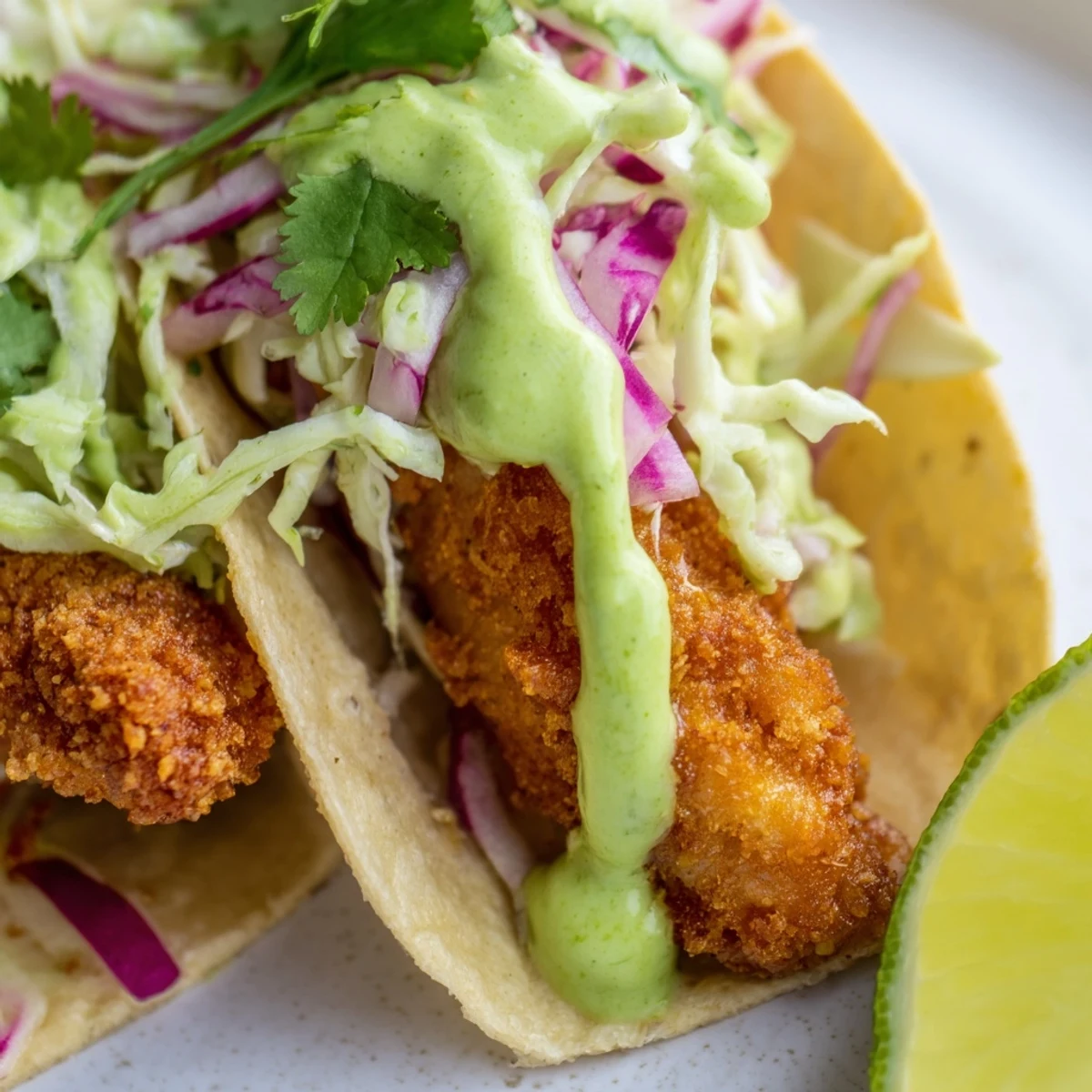 Baja fish tacos on warm corn tortillas with zesty lime and crunchy slaw