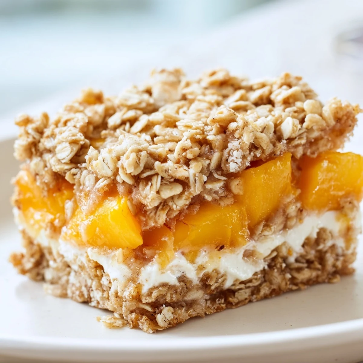 Fresh peach slices and creamy filling peek through golden oat crust on these bars