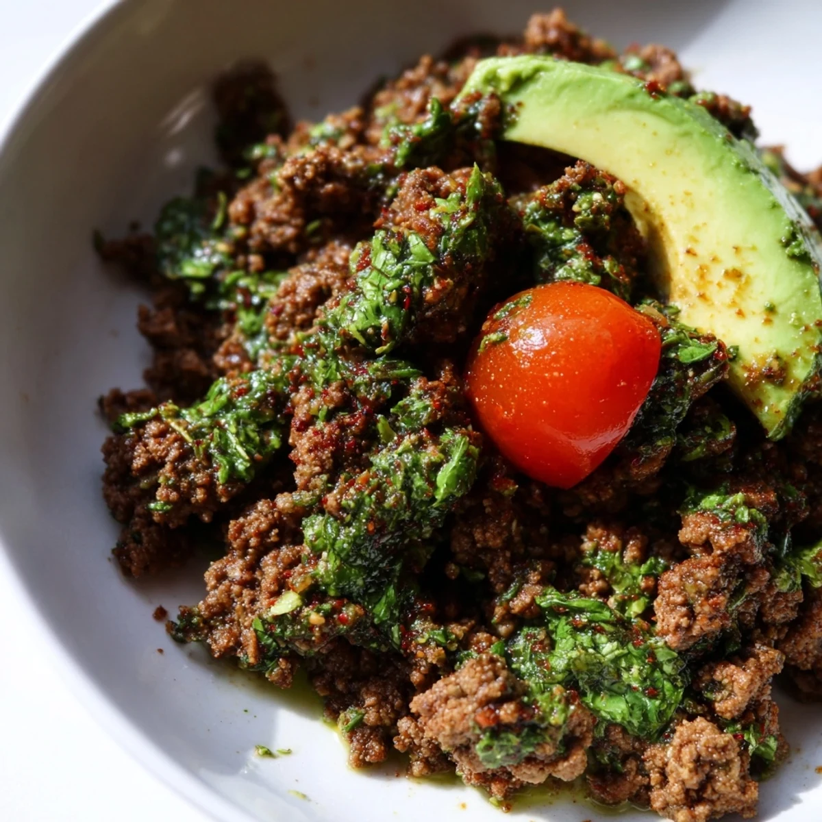 Golden seasoned ground beef drizzled with vibrant green chimichurri sauce over fluffy white rice