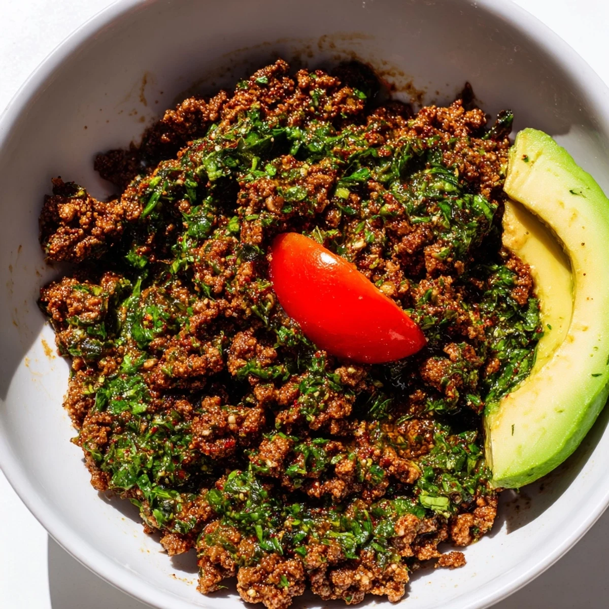 Chimichurri ground beef bowls topped with fresh avocado slices, tomatoes, and crisp cucumber