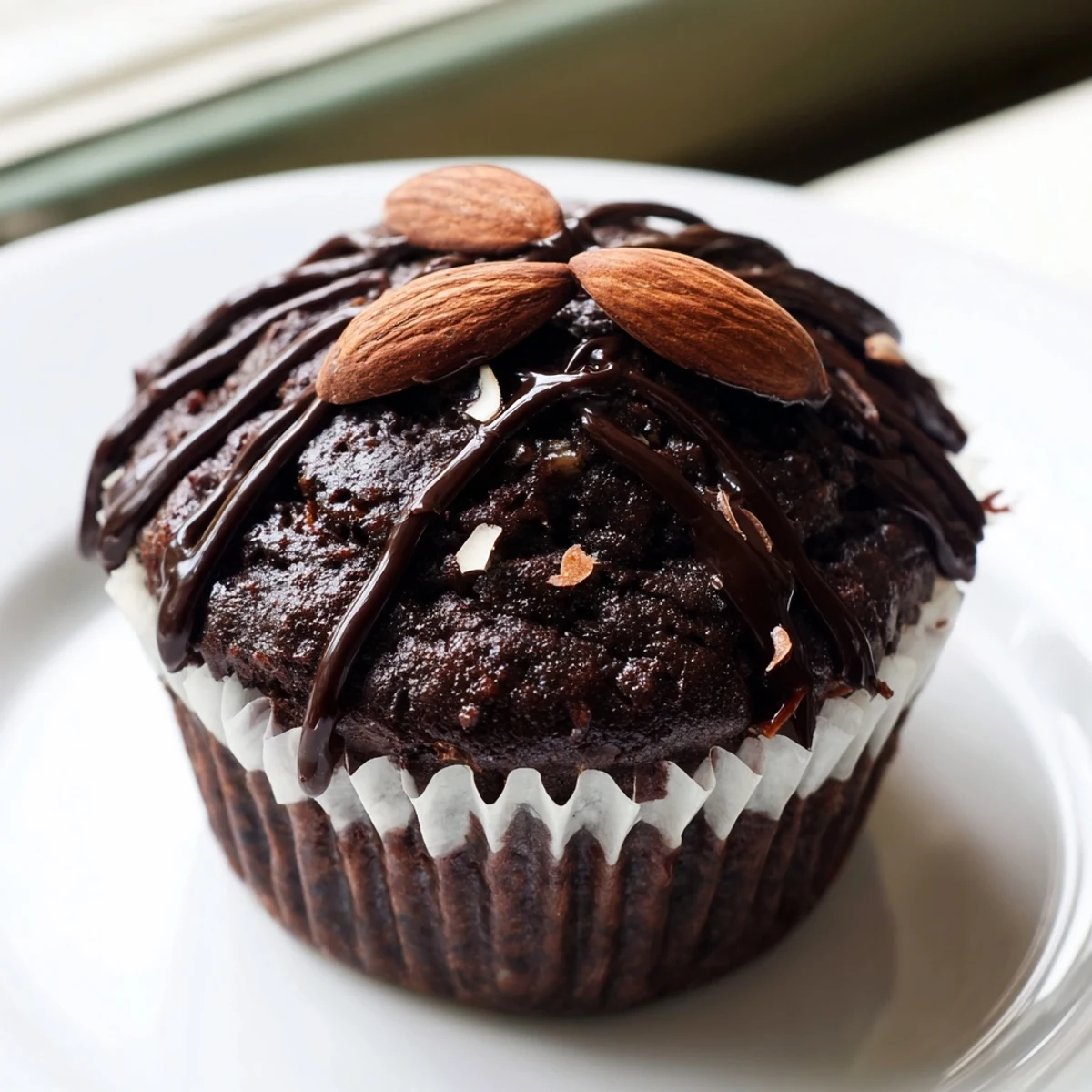 Rich Flourless Almond Joy Cupcakes topped with chocolate drizzle and roasted almonds on a rustic plate