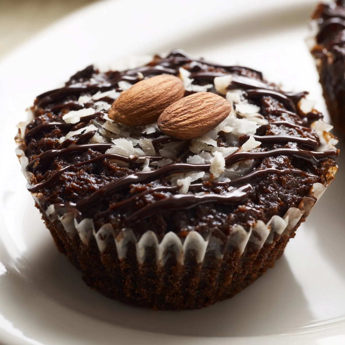 Decadent Flourless Almond Joy Cupcakes with gooey coconut filling peeking through dark fudgy centers