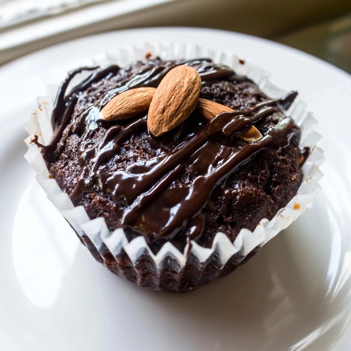 Moist Flourless Almond Joy Cupcakes garnished with whole almonds and sweet melted chocolate on parchment