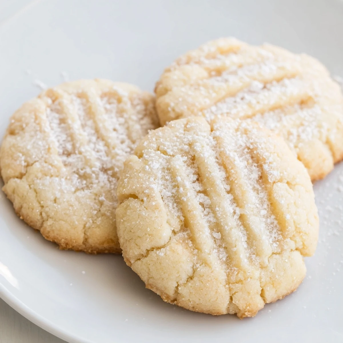 Fork-pressed Grandma's Secret Butter Cookies with lightly golden edges stacked on a festive platter