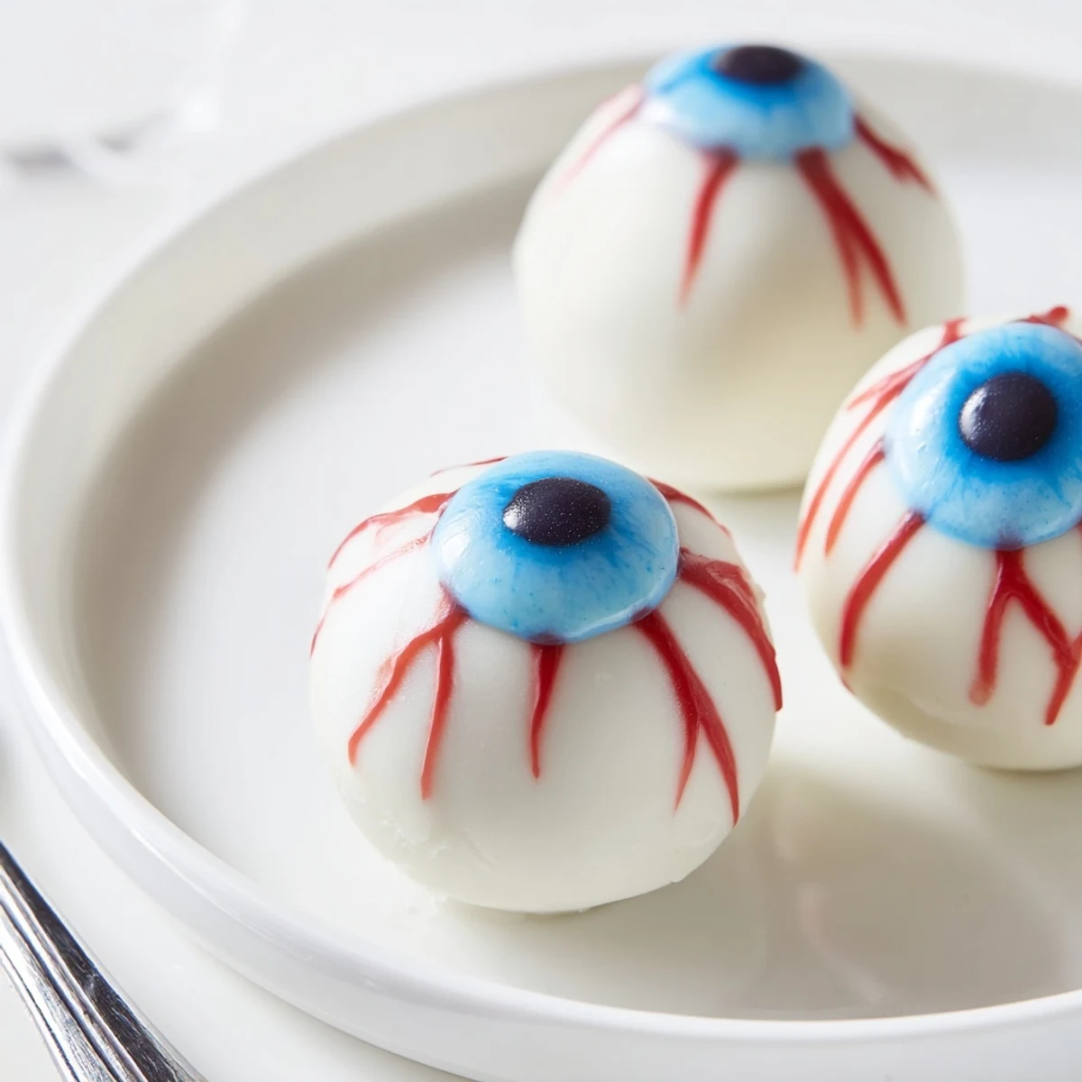 Round Halloween Cake Eyeballs with red veins and colorful iris detail on a serving plate