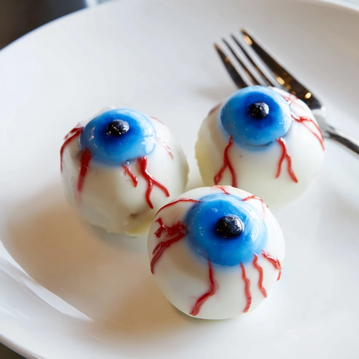 A platter of spooky Halloween Cake Eyeballs dusted with crumbs next to party napkins