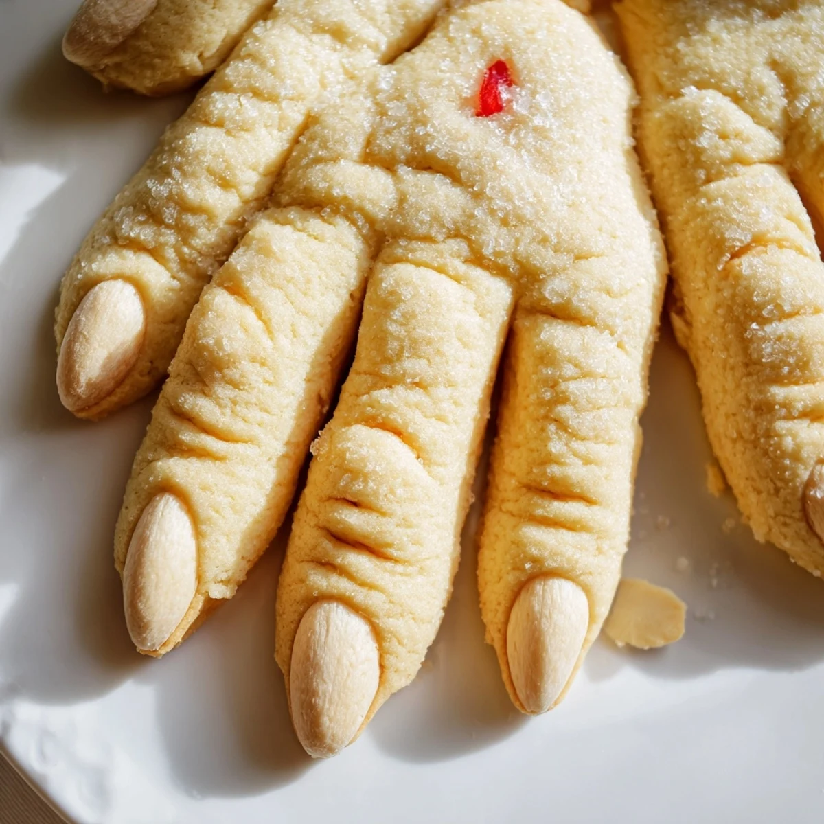 Creepy Witch Finger Cookies with bloody almond nails on a rustic baking sheet