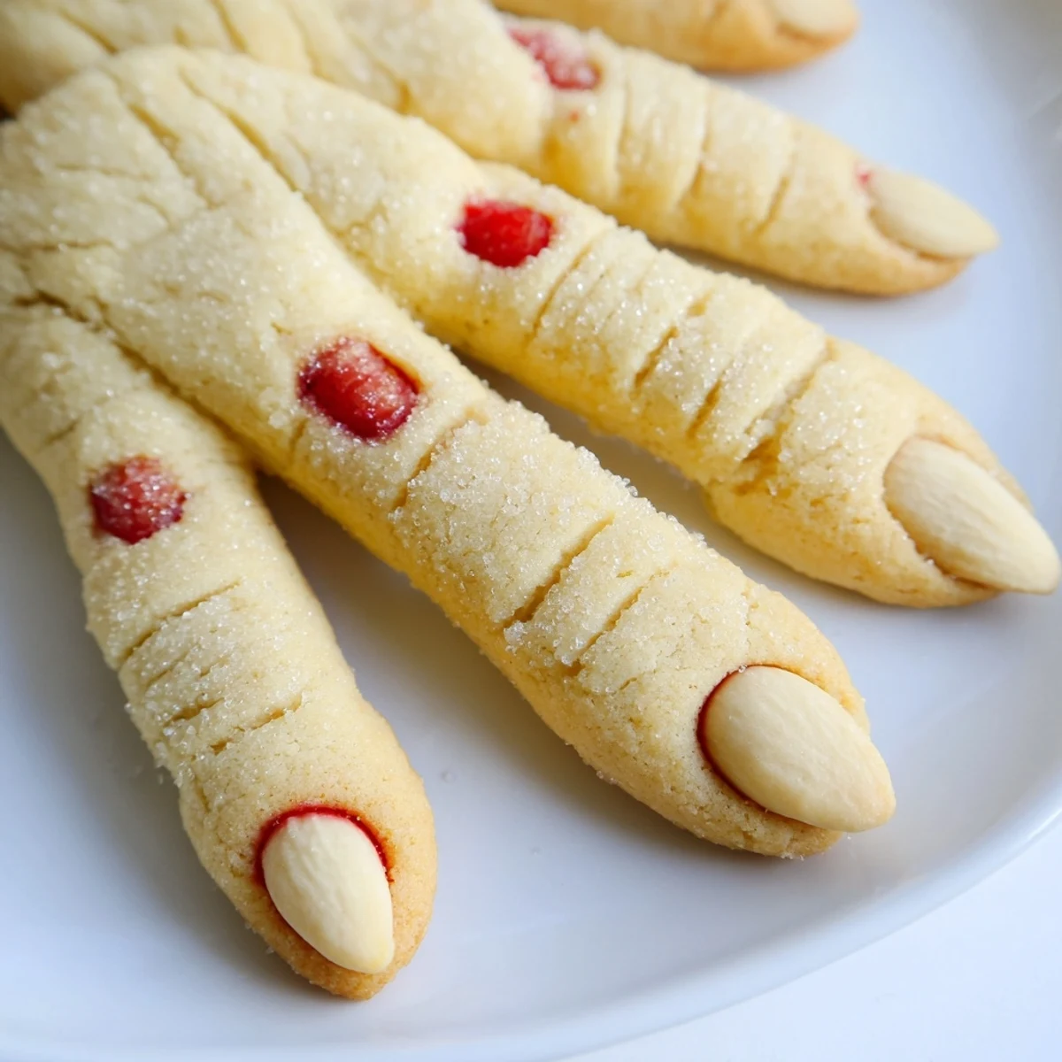 Golden creepy Witch Finger Cookies arranged on a platter with red jam details