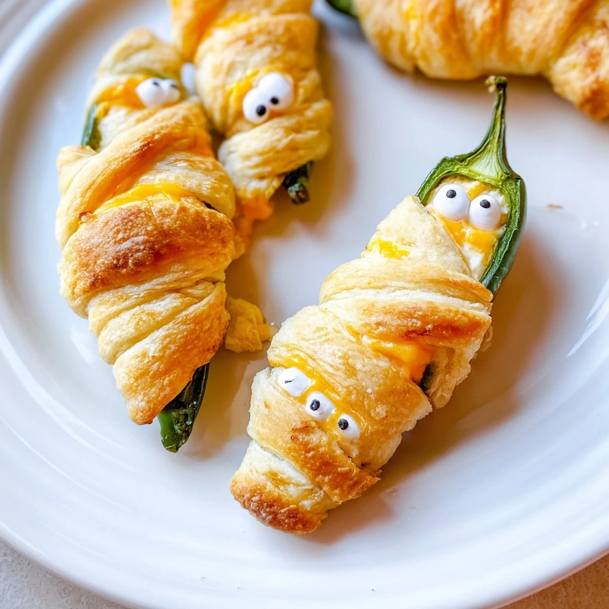 Crispy golden mummy jalapeno poppers with melted cheese oozing from flaky crescent dough bandages