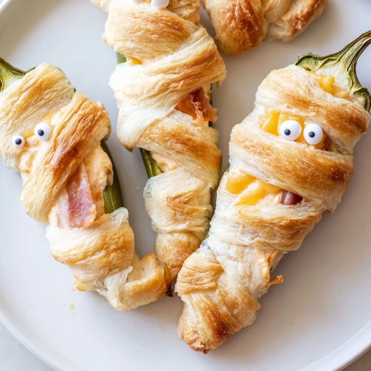 Mummy jalapeno poppers fresh from the oven with gooey cheddar filling and candy googly eyes