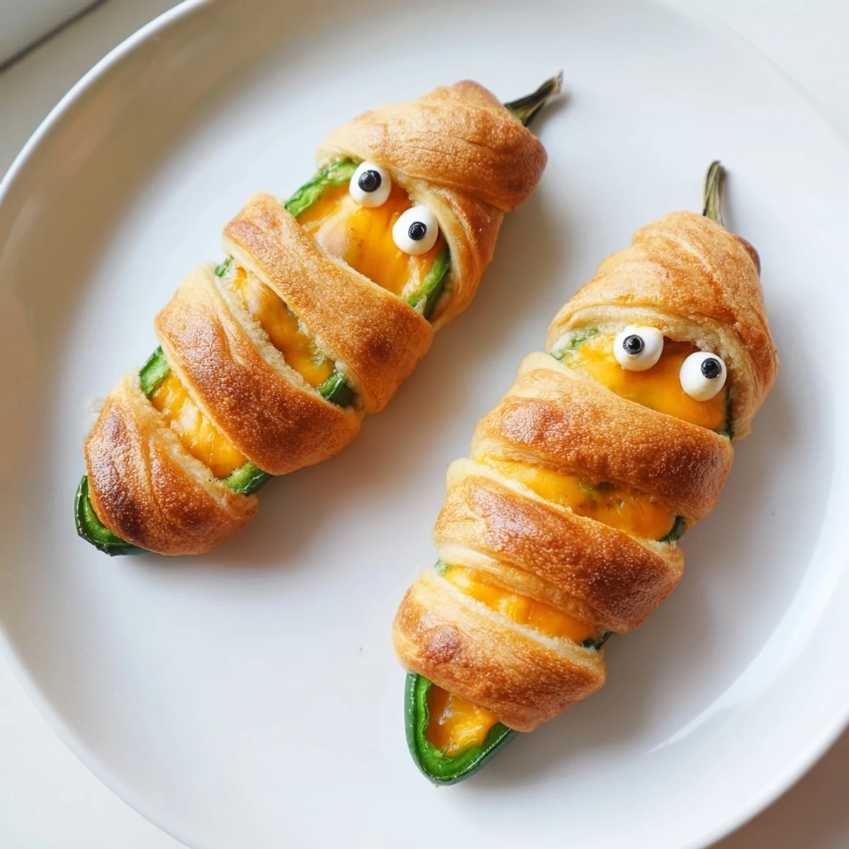 Creamy stuffed mummy jalapeno poppers wrapped in buttery dough strips on a rustic baking sheet