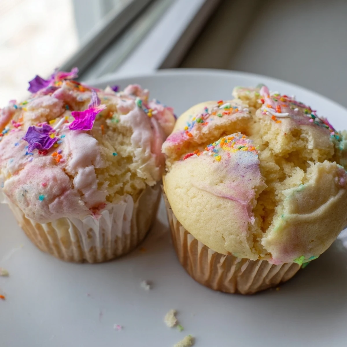 Moist steamed blooming cupcakes split open revealing tender swirls of vanilla batter