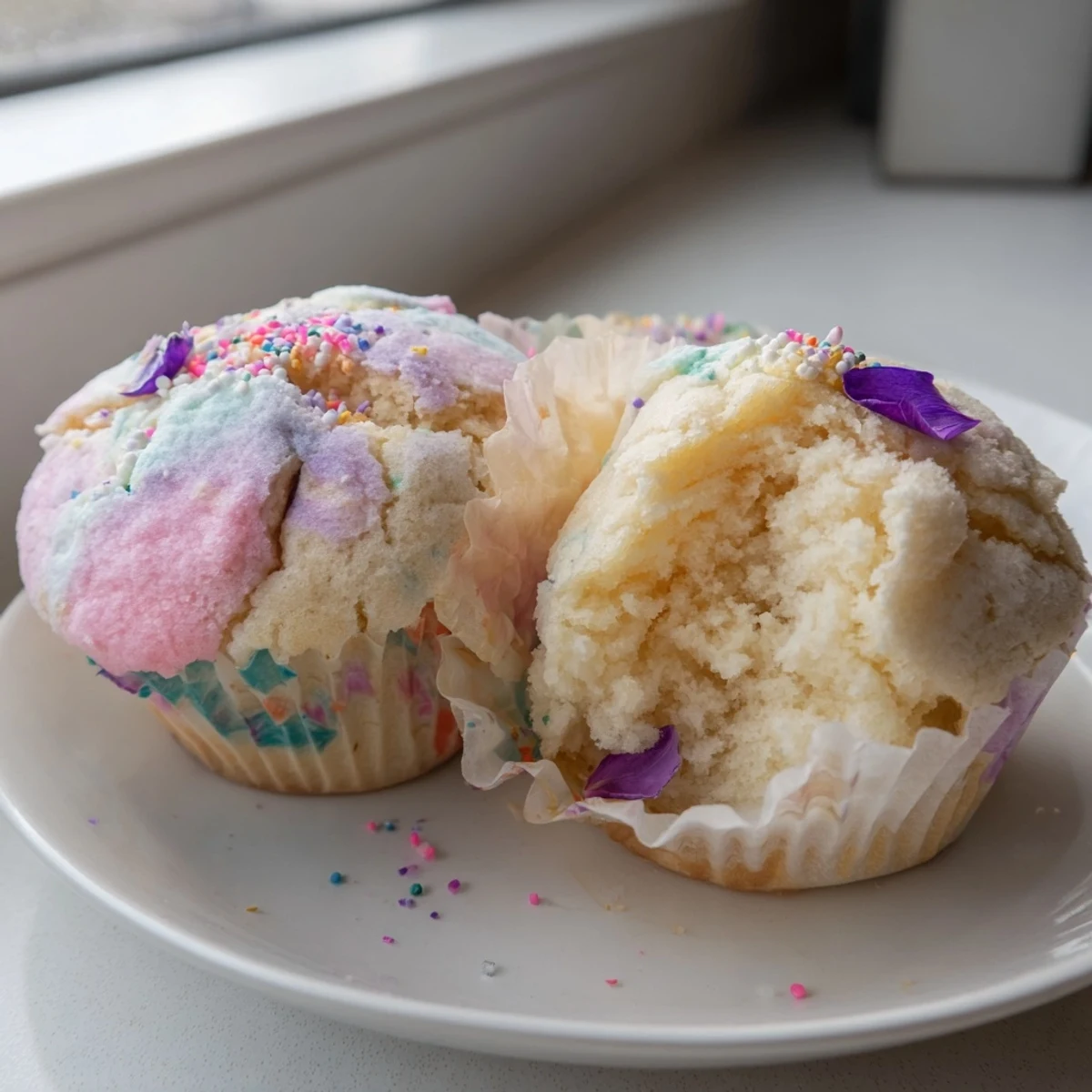 Soft steamed blooming cupcakes in colorful liners dusted with rainbow sprinkles