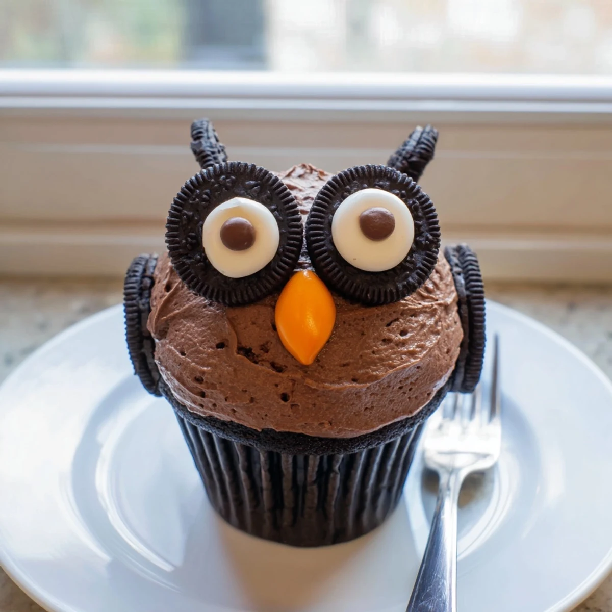 Cute Oreo Owl Cupcakes topped with chocolate frosting and cookie eyes on a rustic tray