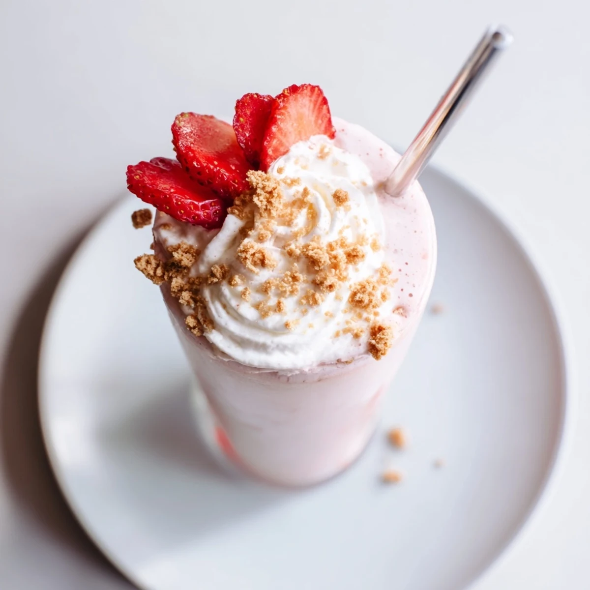 Tall glass of strawberry cheesecake milkshake topped with whipped cream and graham cracker crumbs