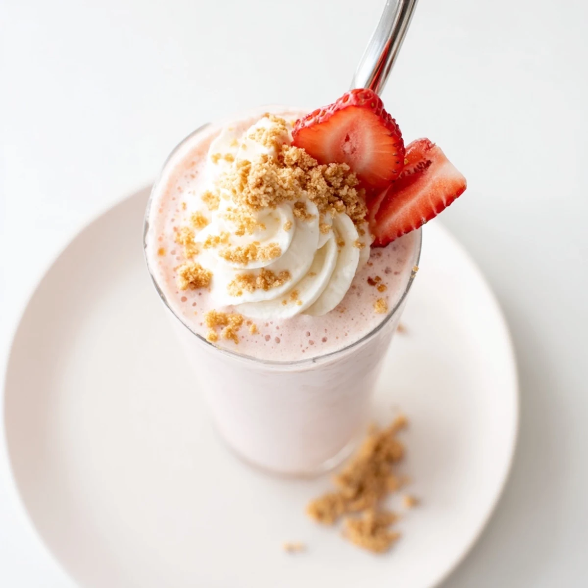 Thick creamy strawberry cheesecake milkshake drizzled with graham cracker crumbs beside a straw