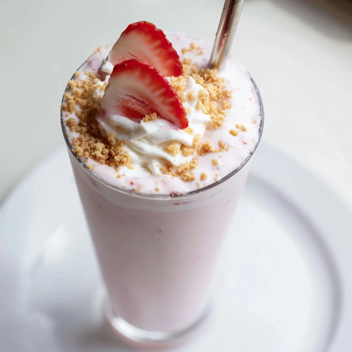 Pink strawberry cheesecake milkshake in a glass garnished with fresh sliced strawberries and cream