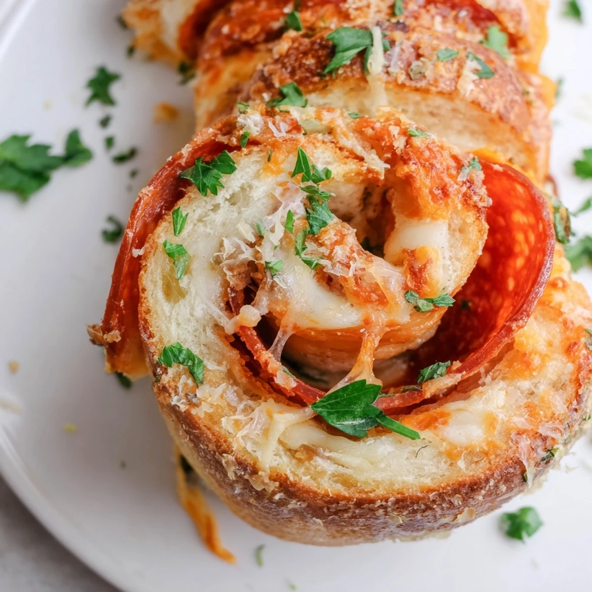 Golden pepperoni pizza roll breadsticks with bubbling mozzarella served with warm marinara