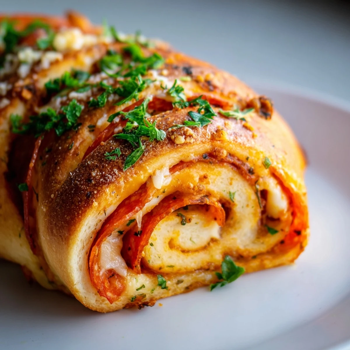 Cheesy pepperoni pizza roll breadsticks cut into spirals alongside a bowl of marinara