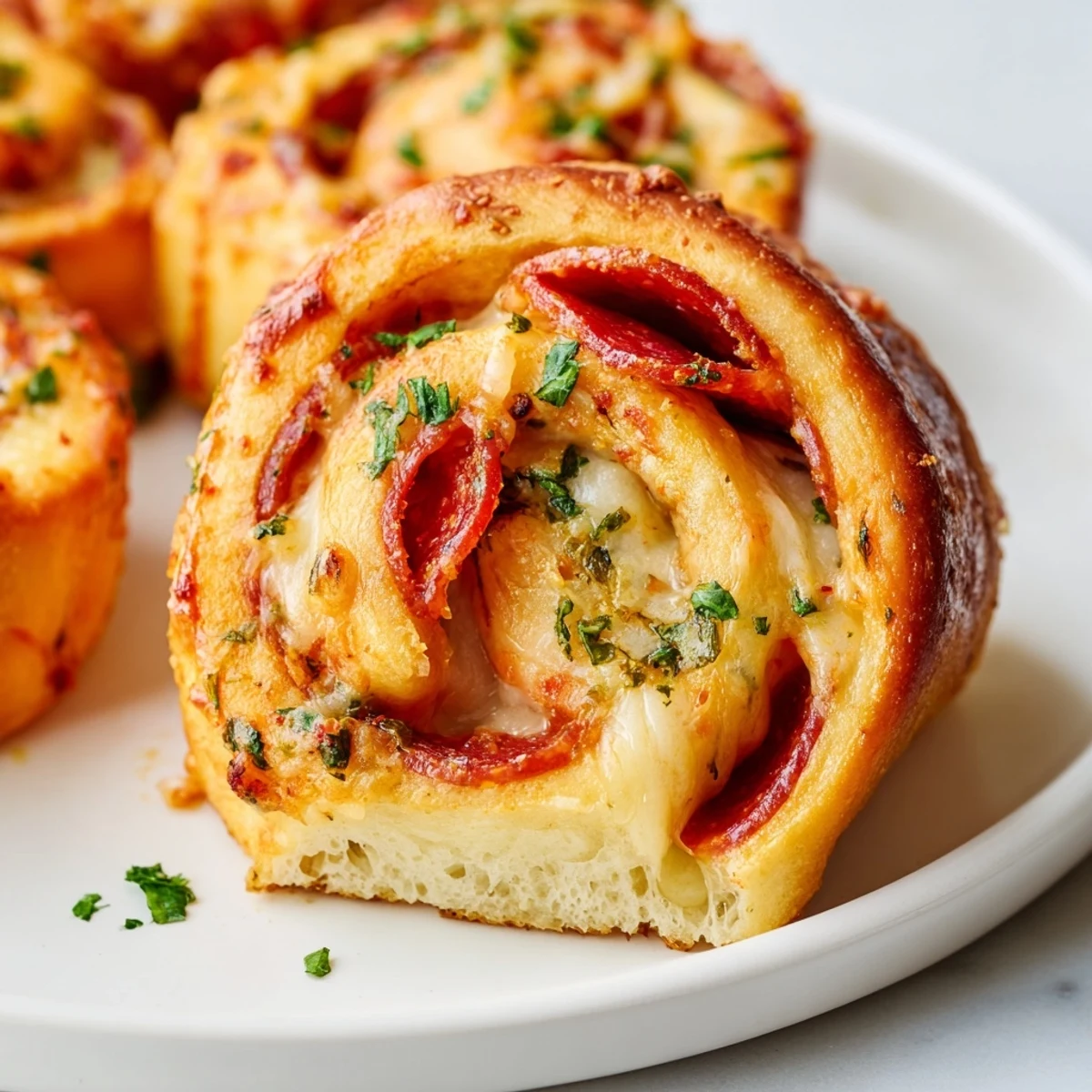 Gooey mozzarella-stuffed pepperoni pizza roll breadsticks fresh from the oven with garlic butter