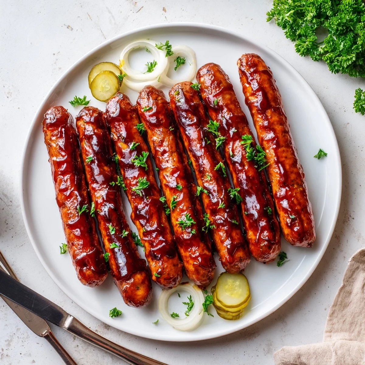 Juicy grilled sausages glazed with tangy BBQ sauce on a summer cookout platter