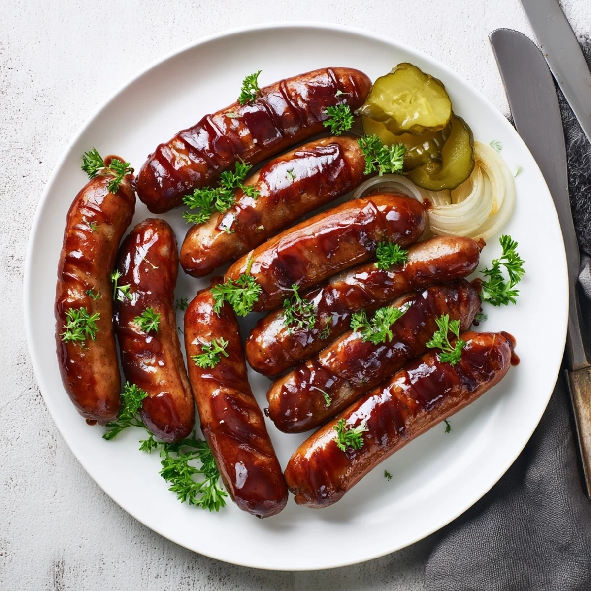 Smoky BBQ sausage recipe served in toasted buns with pickles and caramelized glaze