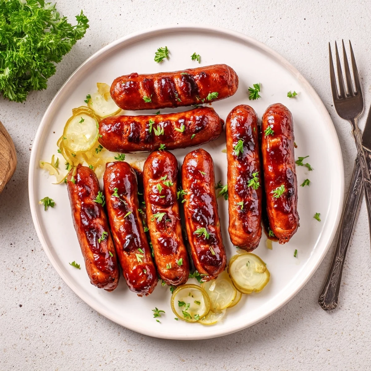 Golden brown BBQ sausage recipe resting on a grill with sweet barbecue drippings