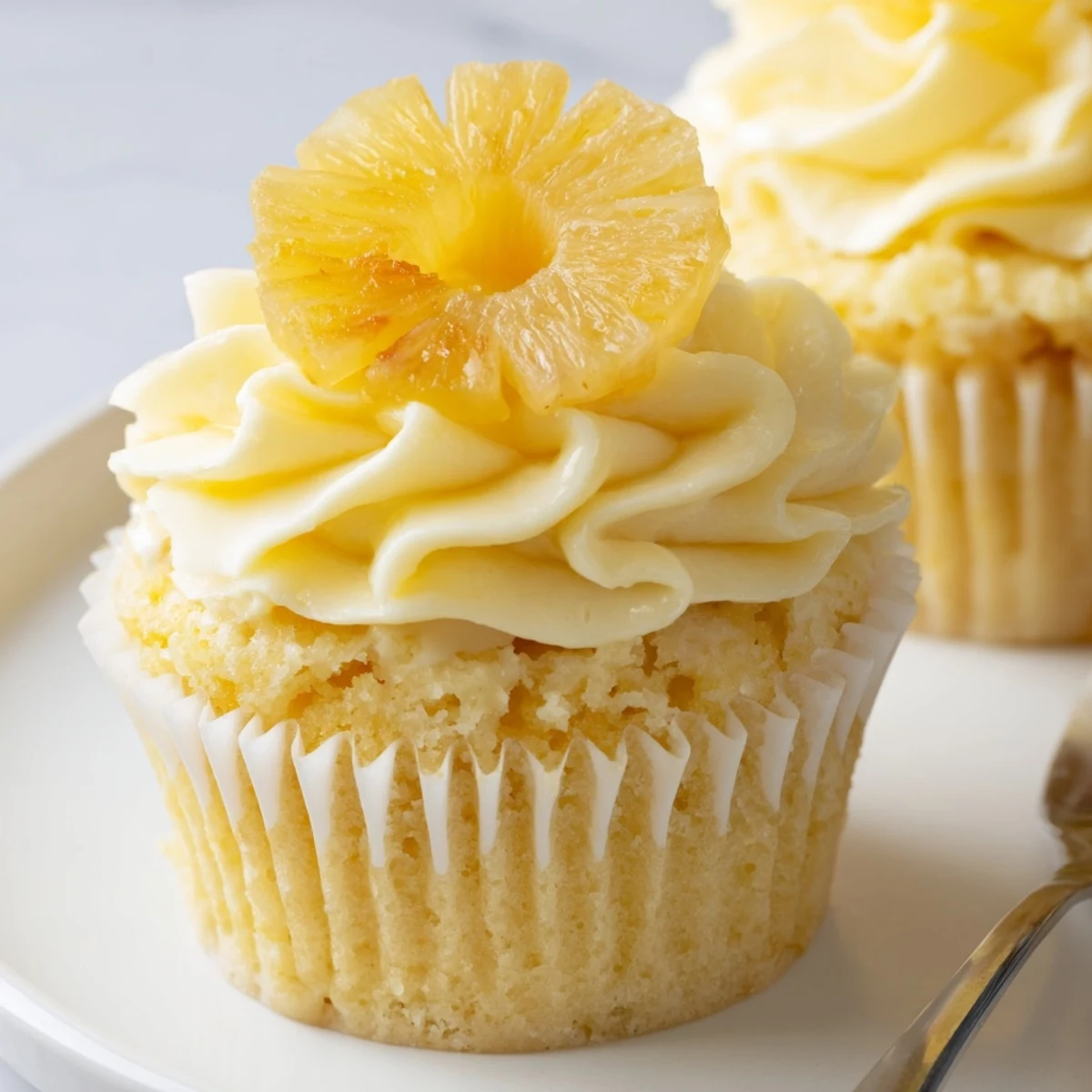 Close-up of Dole Whip Cupcakes Recipe swirled high, garnished with dried pineapple.