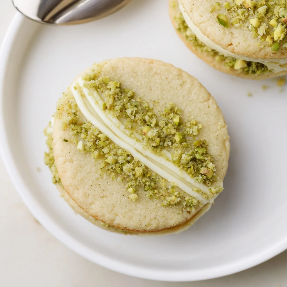 Pistachio Cream Cookies plated on a wire rack, buttery green filling oozing