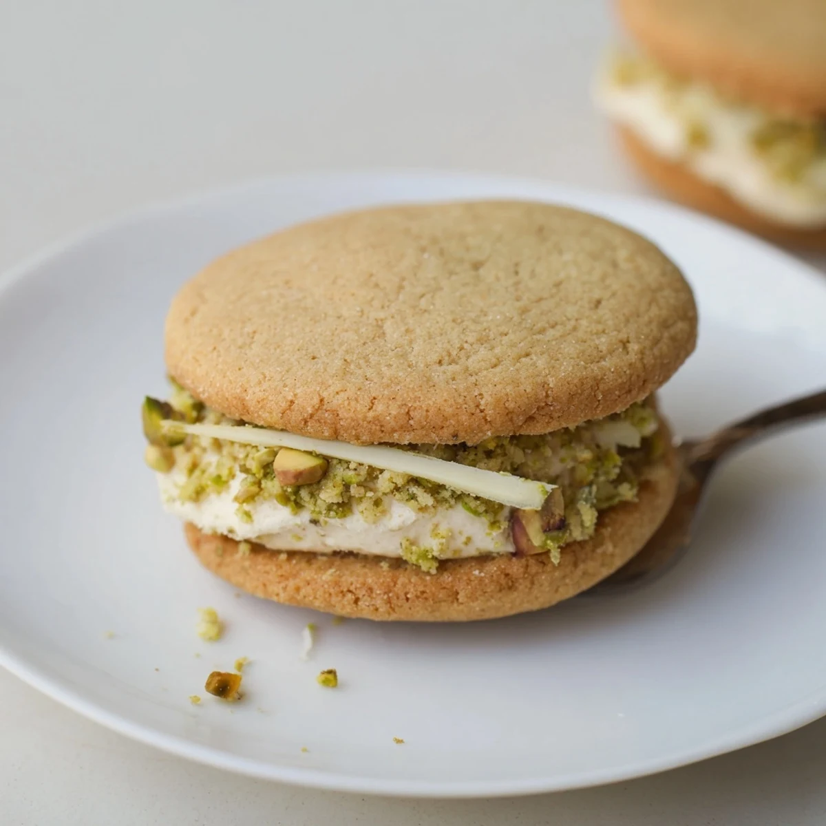 Freshly baked Pistachio Cream Cookies recipe stacked beside Earl Grey tea