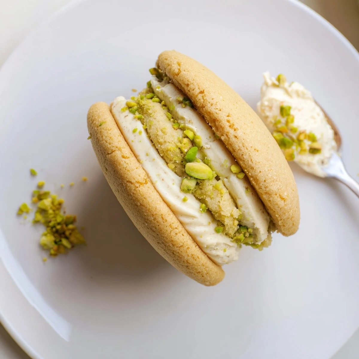 Close-up of Pistachio Cream Cookies sandwich with chopped pistachio edges, aromatic