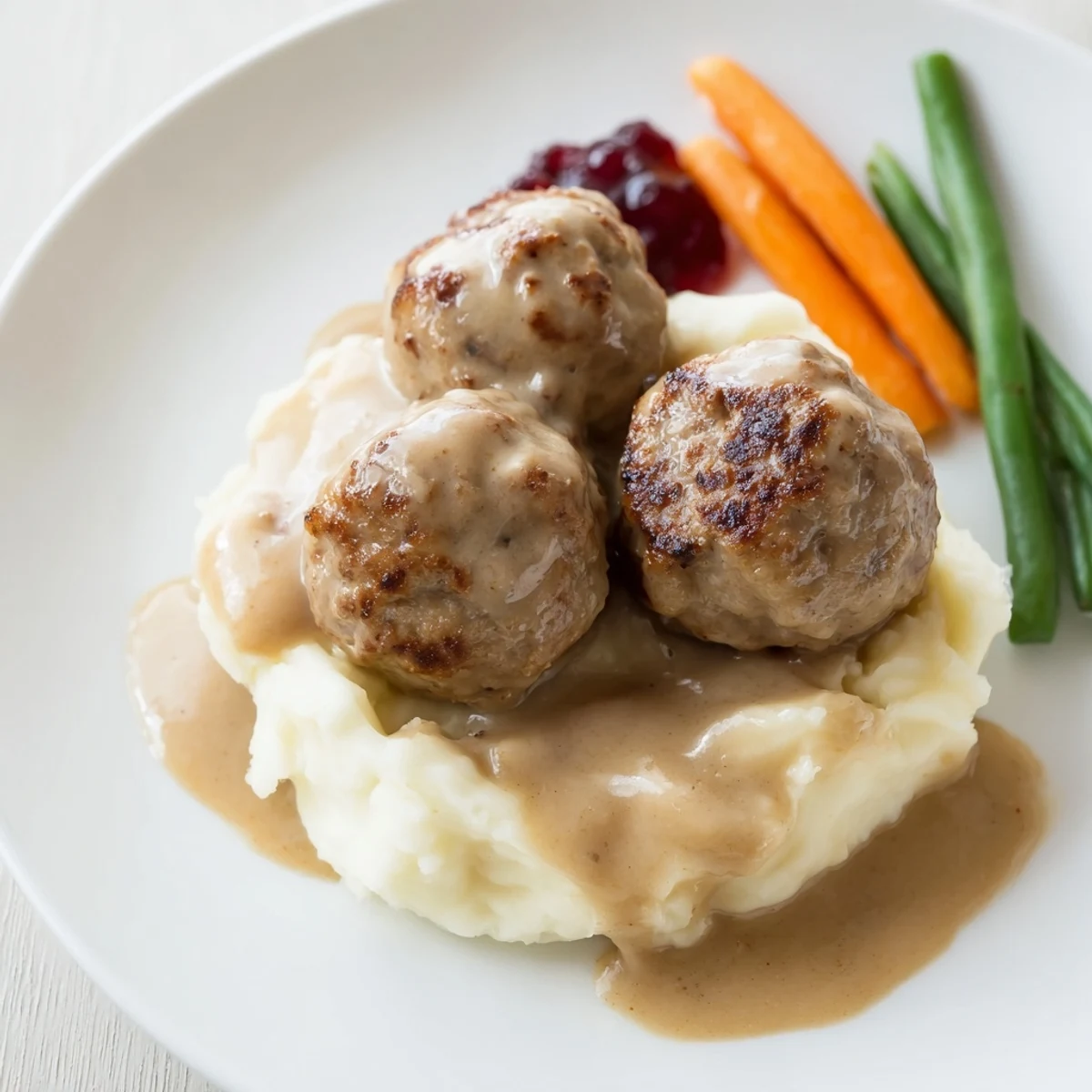 Homemade Ikea Meatballs simmered in creamy gravy, served over mashed potatoes