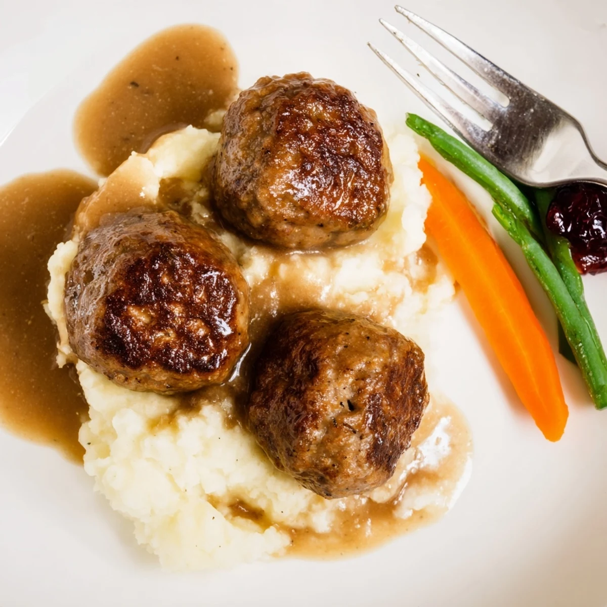 Plate of golden-browned, tender Homemade Ikea Meatballs paired with lingonberry jam