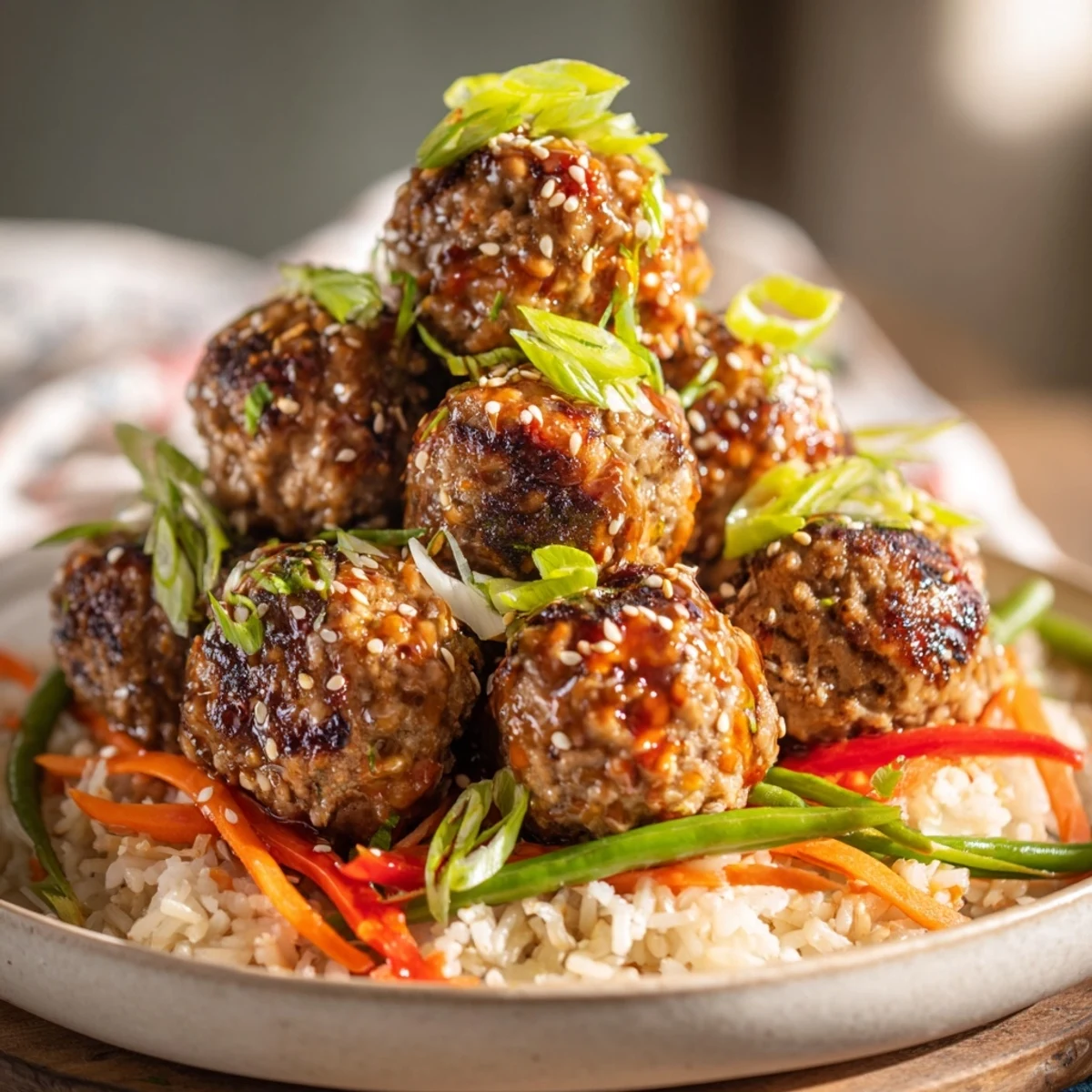 Hello Fresh Firecracker Meatballs glazed in spicy and sweet sauce over fluffy jasmine rice